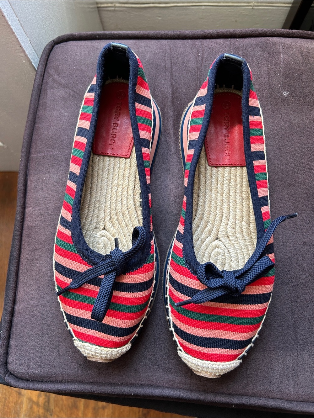 Tory Burch Red and Navy Striped Espadrille Flats size 8